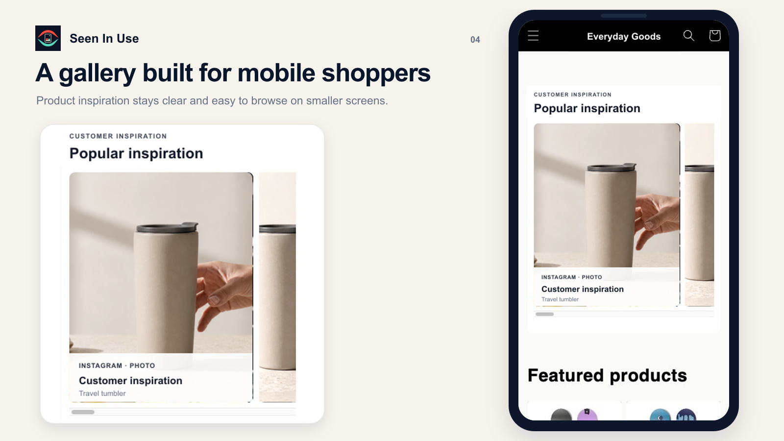 Seen In Use mobile gallery with product inspiration cards, shown in a prepared storefront preview.